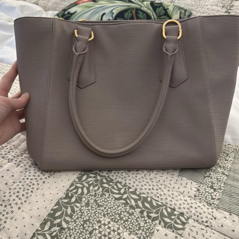 Dagne Dover Taupe Signature Tote Bag with Gold Accents